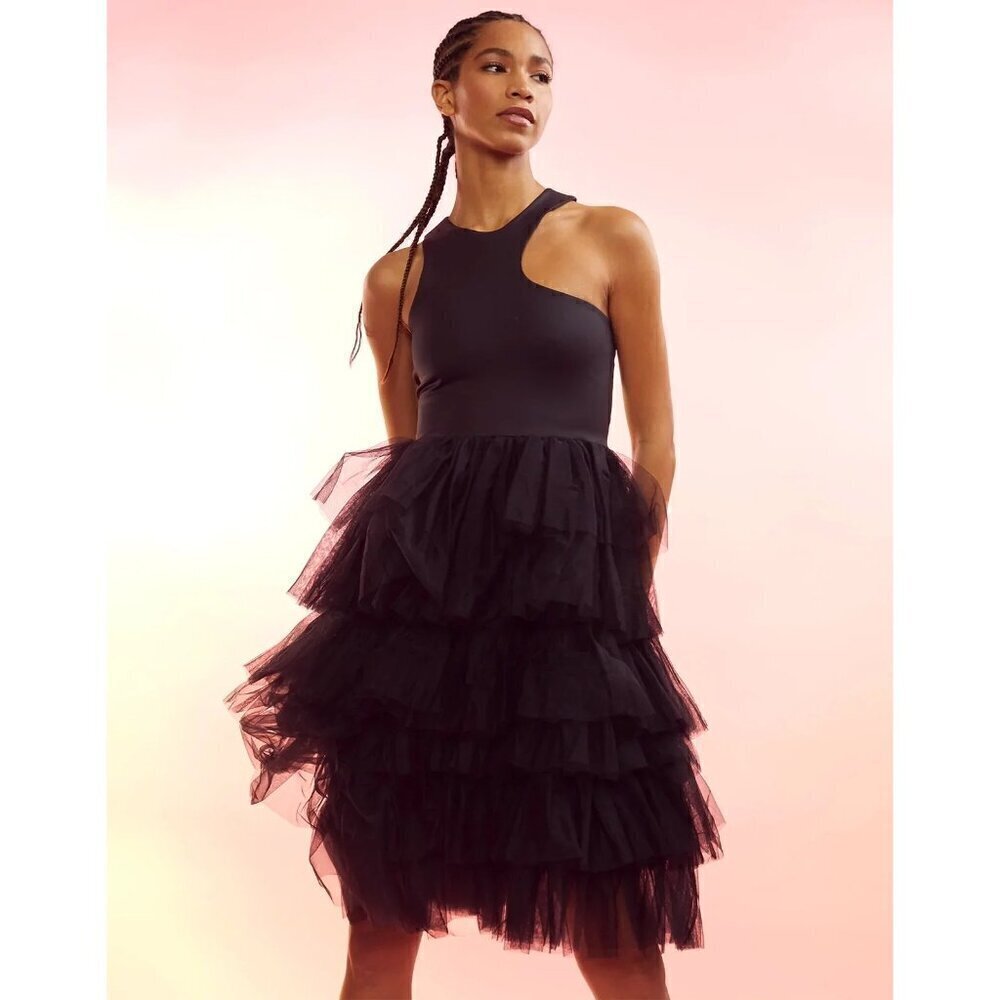 Cynthia Rowley Prima Tulle Asymmetric Midi Dress Black Womens Size Medium